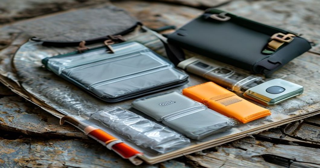 Detailed view of organized emergency supplies and waterproof gear for tropical travel