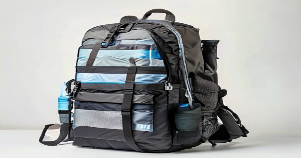 Fully loaded travel backpack with removable day pack attached, showing organized packing and modular design
