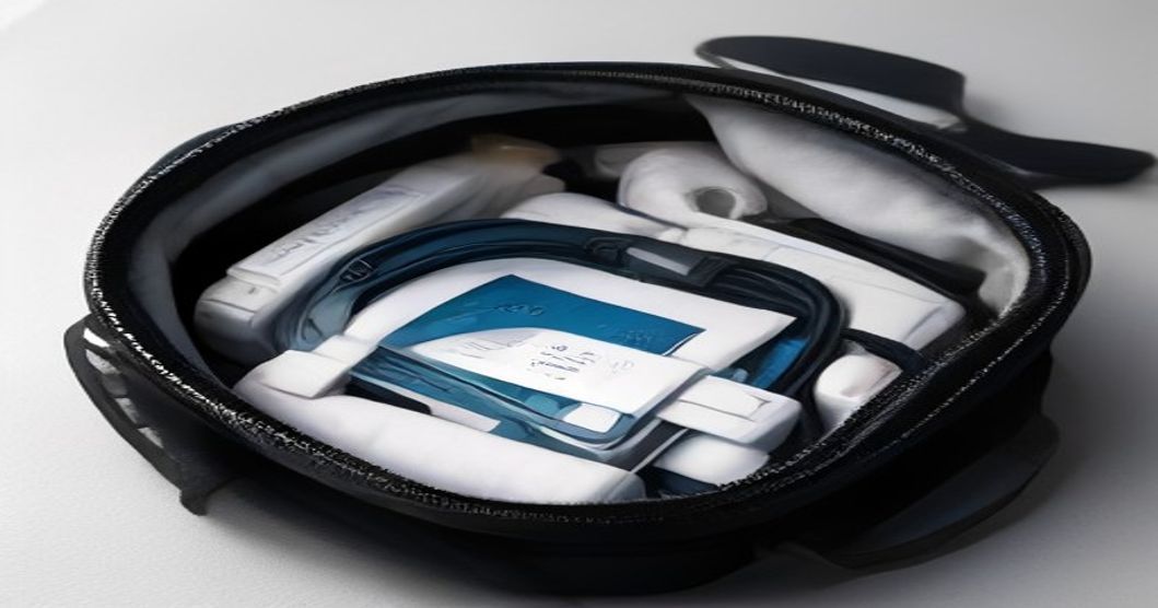 Travel accessory pouch and rolled clothing showing space-saving techniques for packing long trips