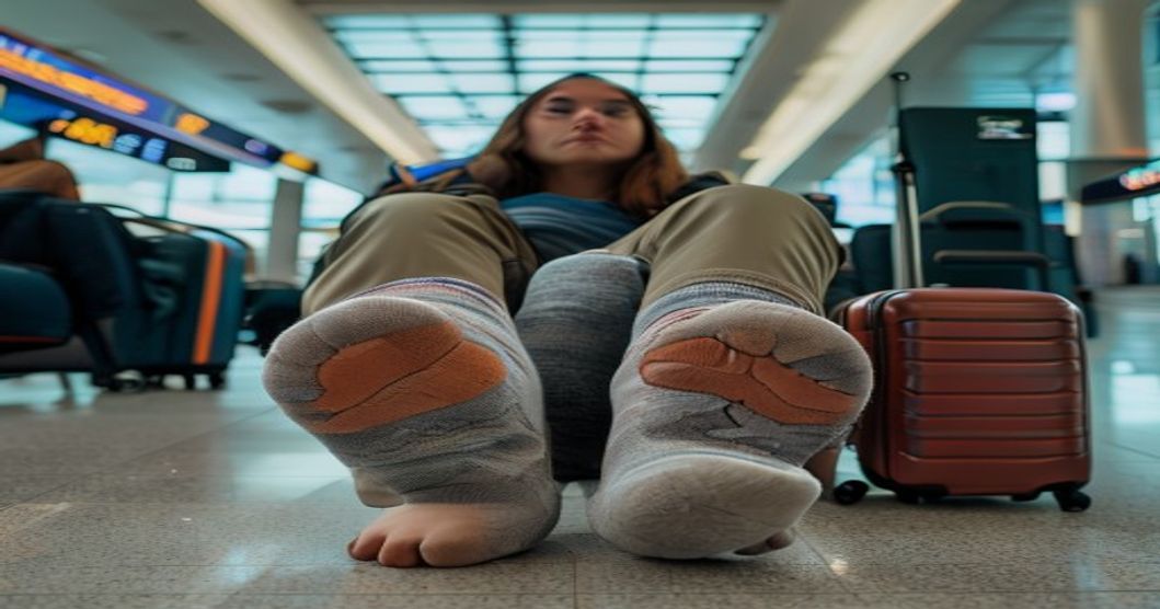 Traveler demonstrating cushioned travel socks in airport terminal