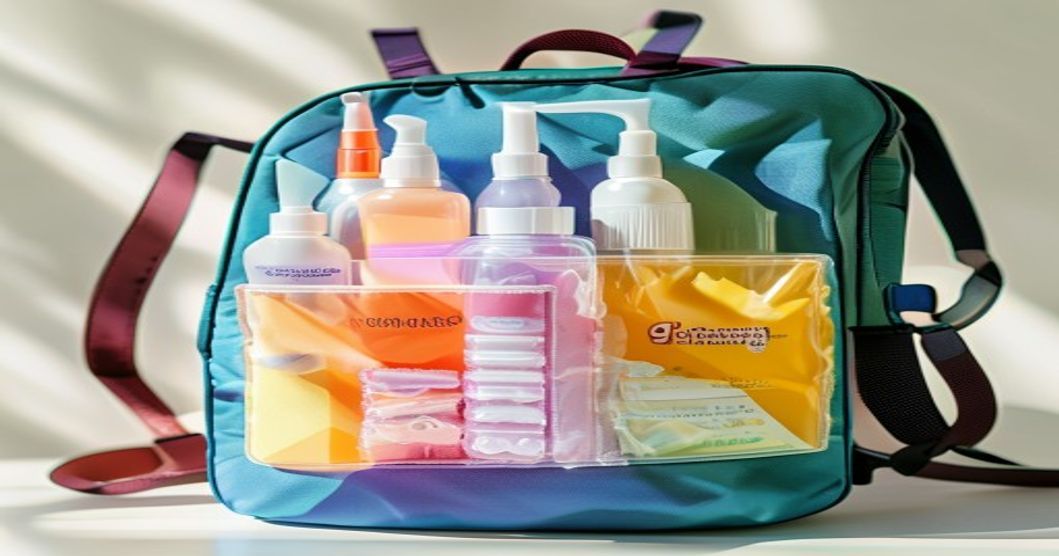 Packing sunscreen into travel toiletries pouch for a trip, organized packing method