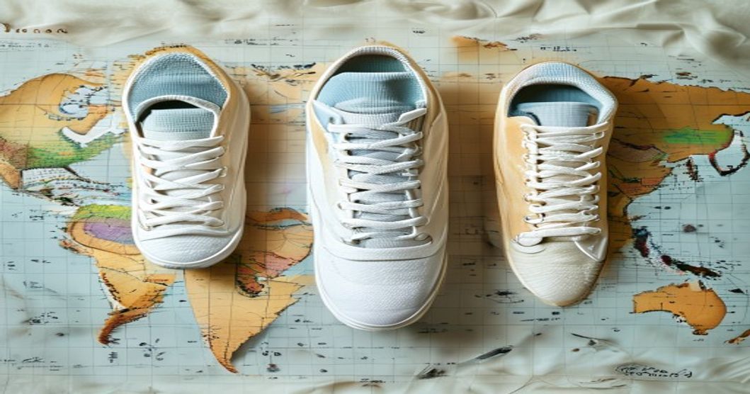 Comparison of different travel sneaker styles positioned on a travel map