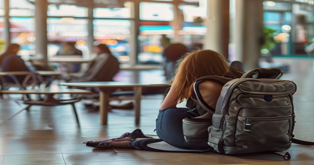 Travel backpack positioned beside someone working remotely, demonstrating comfort and portability for nomadic work