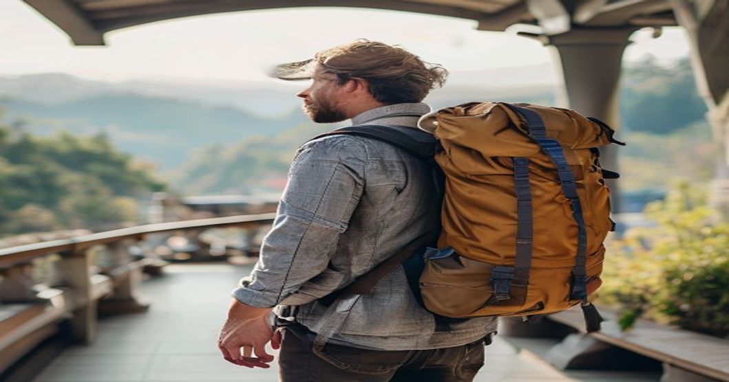 Person wearing travel backpack with removable daypack in real travel scenario